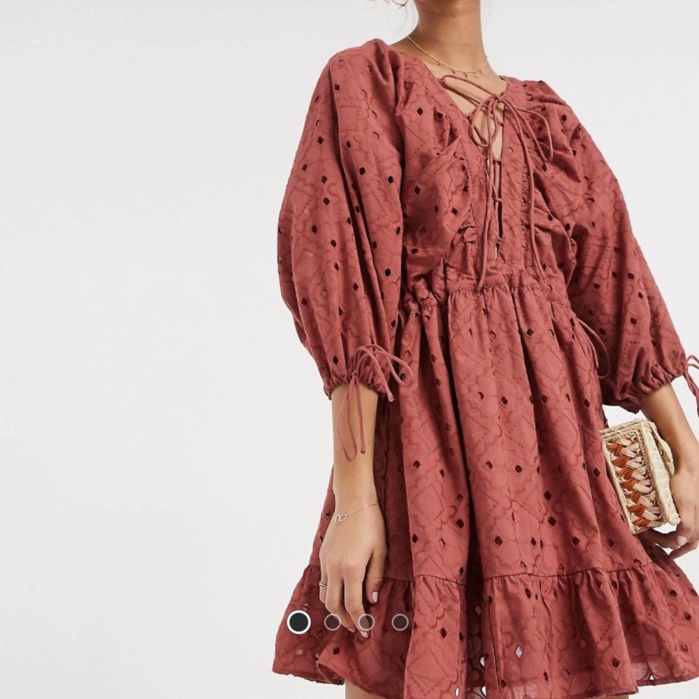 Broderie smock red/pink mini dress